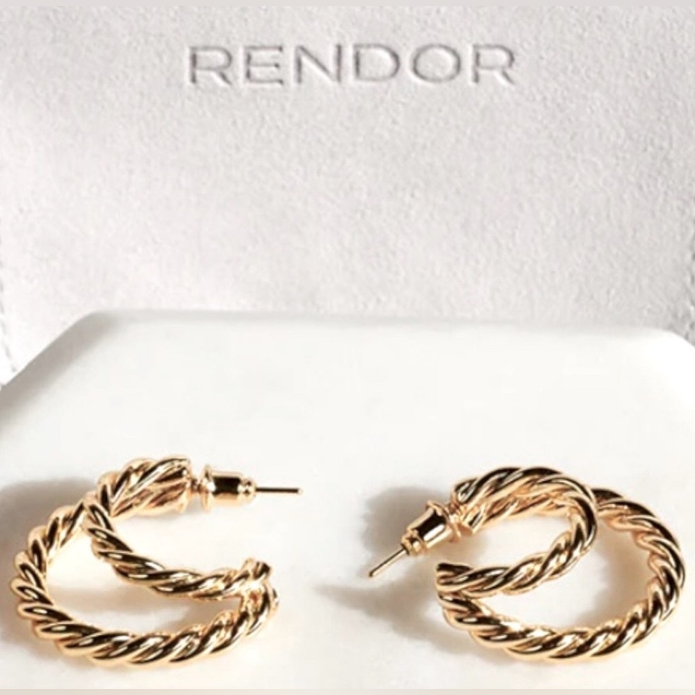 NEW Rendor Victoria Yellow Gold Plated Twisted Double Hoop Earrings - Picture 3 of 3